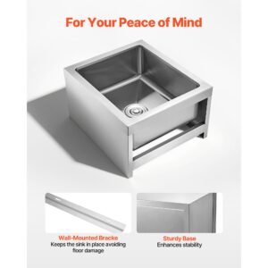 stainless steel floor mop sink, 22 x 19 x 12 in, 304 stainless steel, with 3 in 1 filter and wall mounted bracket, x shaped groove for quick and smooth drainage, for balcony and bathroom
