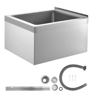 Stainless Steel Floor Mop Sink, 22 x 19 x 12 in, 304 Stainless Steel, with Backsplash, 3-in-1 Filter and Wall-Mounted Bracket, X-Shaped Groove for Quick Drainage, for Balcony and Bathroom