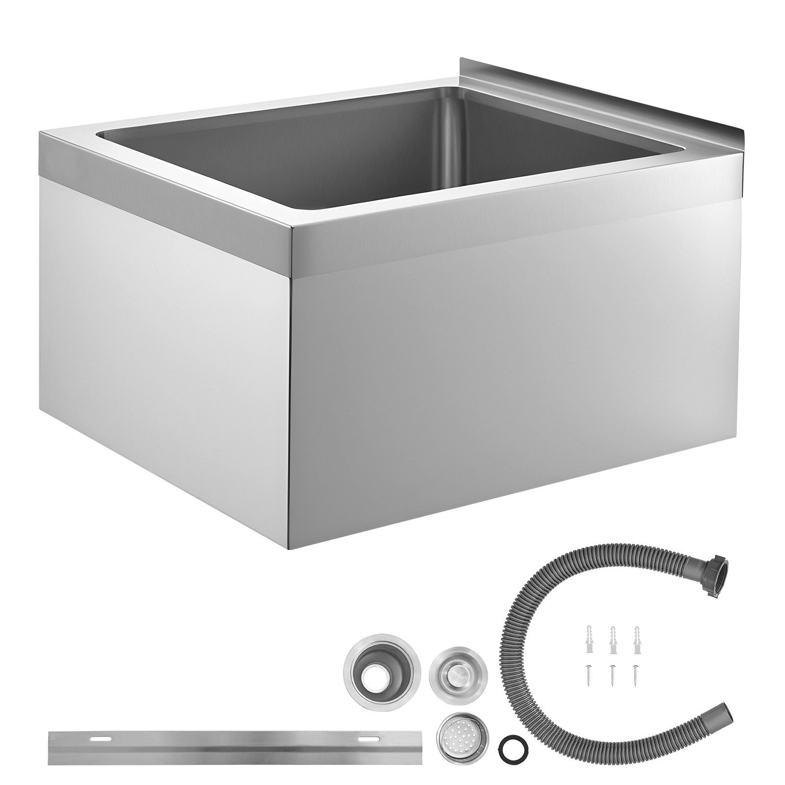 stainless steel floor mop sink, 22 x 19 x 12 in, 304 stainless steel, with backsplash, 3 in 1 filter and wall mounted bracket, x shaped groove for quick drainage, for balcony and bathroom