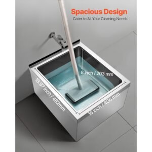 stainless steel floor mop sink, 22 x 19 x 12 in, 304 stainless steel, with backsplash, 3 in 1 filter and wall mounted bracket, x shaped groove for quick drainage, for balcony and bathroom