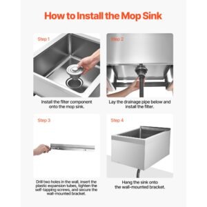 stainless steel floor mop sink, 22 x 19 x 12 in, 304 stainless steel, with backsplash, 3 in 1 filter and wall mounted bracket, x shaped groove for quick drainage, for balcony and bathroom