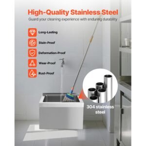 stainless steel floor mop sink, 22 x 19 x 12 in, 304 stainless steel, with backsplash, 3 in 1 filter and wall mounted bracket, x shaped groove for quick drainage, for balcony and bathroom
