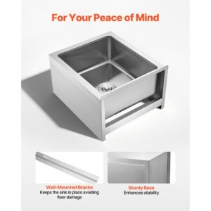 stainless steel floor mop sink, 22 x 19 x 12 in, 304 stainless steel, with backsplash, 3 in 1 filter and wall mounted bracket, x shaped groove for quick drainage, for balcony and bathroom
