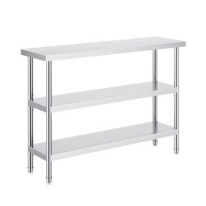 stainless steel food prep table, 14 x 48 x 34 inch commercial kitchen worktable, with 2 adjustable undershelf, heavy duty prep table metal work table for bbq, kitchen, home, and garage