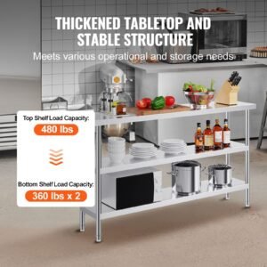 stainless steel food prep table, 14 x 60 x 34 inch commercial kitchen worktable, with 2 adjustable undershelf, heavy duty prep table metal work table for bbq, kitchen, home, and garage