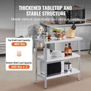 stainless steel food prep table, 18 x 36 x 34 inch commercial kitchen worktable, with 2 adjustable undershelf, heavy duty prep table metal work table for bbq, kitchen, home, and garage