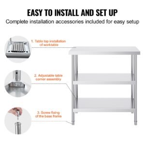 stainless steel food prep table, 18 x 36 x 34 inch commercial kitchen worktable, with 2 adjustable undershelf, heavy duty prep table metal work table for bbq, kitchen, home, and garage
