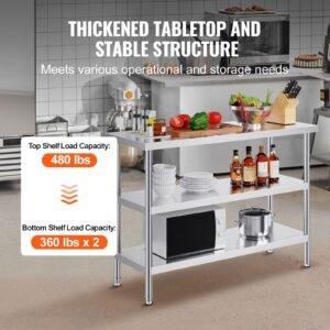 stainless steel food prep table, 18 x 48 x 34 inch commercial kitchen worktable, with 2 adjustable undershelf, heavy duty prep table metal work table for bbq, kitchen, home, and garage