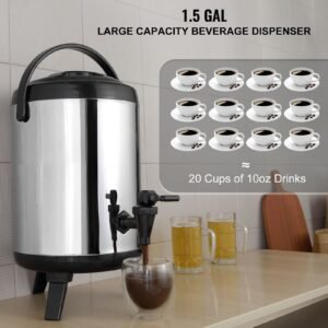 stainless steel insulated beverage dispenser, 1.5 gallon 6 liter, thermal hot and cold drink server dispenser with spigot handle, food grade for hot tea coffee water restaurant drink shop