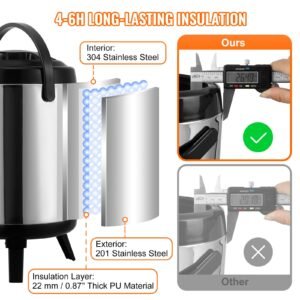 stainless steel insulated beverage dispenser, 1.5 gallon 6 liter, thermal hot and cold drink server dispenser with spigot handle, food grade for hot tea coffee water restaurant drink shop