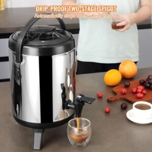 stainless steel insulated beverage dispenser, 1.5 gallon 6 liter, thermal hot and cold drink server dispenser with spigot handle, food grade for hot tea coffee water restaurant drink shop