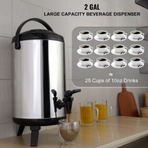 stainless steel insulated beverage dispenser, 2 gallon 7.6 liter, thermal hot and cold drink server dispenser with spigot handle, food grade for hot tea coffee water restaurant drink shop