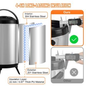 stainless steel insulated beverage dispenser, 2 gallon 7.6 liter, thermal hot and cold drink server dispenser with spigot handle, food grade for hot tea coffee water restaurant drink shop