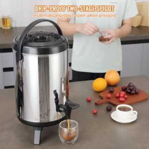 stainless steel insulated beverage dispenser, 2 gallon 7.6 liter, thermal hot and cold drink server dispenser with spigot handle, food grade for hot tea coffee water restaurant drink shop