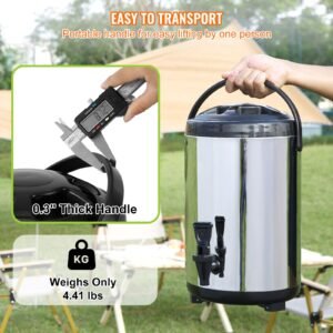 stainless steel insulated beverage dispenser, 2 gallon 7.6 liter, thermal hot and cold drink server dispenser with spigot handle, food grade for hot tea coffee water restaurant drink shop