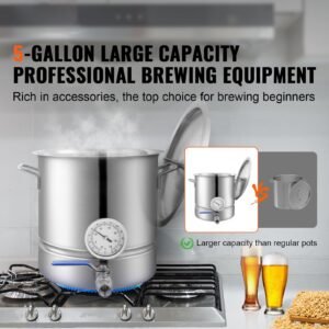 stainless steel kettle, 5 gallon brewing pot, tri ply bottom for beer, brew kettle pot, home brewing supplies includes lid, handle, thermometer, ball valve spigot, filter, filter tray