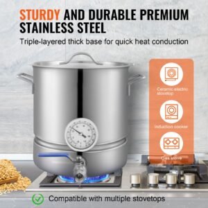 stainless steel kettle, 5 gallon brewing pot, tri ply bottom for beer, brew kettle pot, home brewing supplies includes lid, handle, thermometer, ball valve spigot, filter, filter tray
