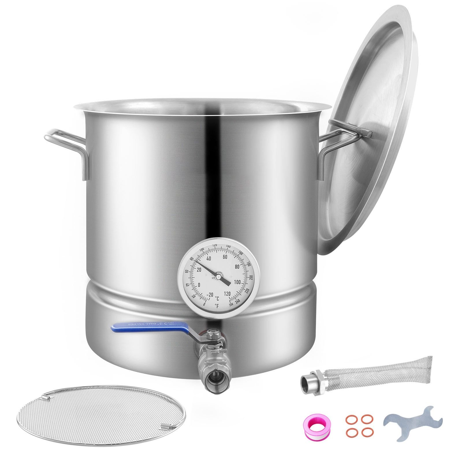 stainless steel kettle, 5 gallon brewing pot, tri ply bottom for beer, brew kettle pot, home brewing supplies includes lid, handle, thermometer, ball valve spigot, filter, filter tray