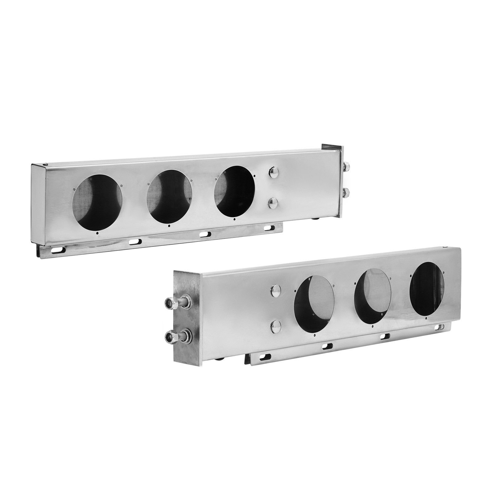 stainless steel mud flap hangers with light cutouts, 2 1/2" bolt spacing, spring loaded mudflap hangers for semi trucks, 1 pair heavy duty semi truck mud flap hanger set, silver