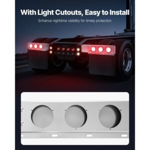 stainless steel mud flap hangers with light cutouts, 2 1/2" bolt spacing, spring loaded mudflap hangers for semi trucks, 1 pair heavy duty semi truck mud flap hanger set, silver