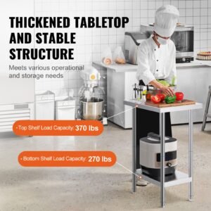stainless steel prep table, 24 x 18 x 34 inch, 640 lbs load capacity, heavy duty metal worktable with 3 adjustable height levels, commercial workstation for kitchen garage restaurant backyard