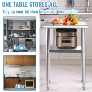 stainless steel prep table, 24 x 18 x 36 inch, 600lbs load capacity heavy duty metal worktable with adjustable undershelf & feet, commercial workstation for kitchen restaurant garage backyard