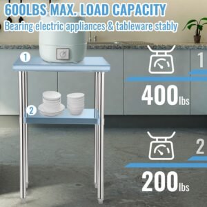stainless steel prep table, 24 x 18 x 36 inch, 600lbs load capacity heavy duty metal worktable with adjustable undershelf & feet, commercial workstation for kitchen restaurant garage backyard