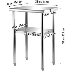 stainless steel prep table, 24 x 18 x 36 inch, 600lbs load capacity heavy duty metal worktable with adjustable undershelf & feet, commercial workstation for kitchen restaurant garage backyard