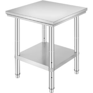 stainless steel prep table, 24 x 24 x 31 inch, 700 lbs load capacity, heavy duty metal worktable with 3 adjustable height levels, commercial workstation for kitchen garage restaurant backyard