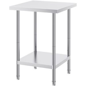 stainless steel prep table, 24 x 24 x 34 inch, 700 lbs load capacity, heavy duty metal worktable with 3 adjustable height levels, commercial workstation for kitchen garage restaurant backyard