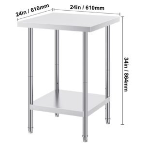 stainless steel prep table, 24 x 24 x 34 inch, 700 lbs load capacity, heavy duty metal worktable with 3 adjustable height levels, commercial workstation for kitchen garage restaurant backyard