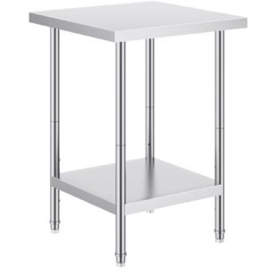 stainless steel prep table, 24 x 24 x 34 inch, 700 lbs load capacity, heavy duty metal worktable with 3 adjustable height levels, commercial workstation for kitchen garage restaurant backyard
