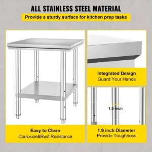 stainless steel prep table, 24 x 30 x 31 inch, 700 lbs load capacity, heavy duty metal worktable with 3 adjustable height levels, commercial workstation for kitchen garage restaurant backyard