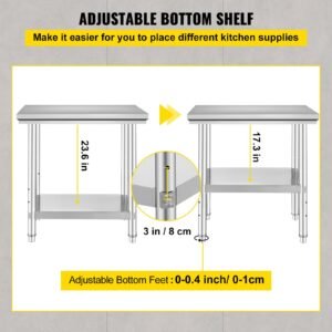 stainless steel prep table, 24 x 30 x 31 inch, 700 lbs load capacity, heavy duty metal worktable with 3 adjustable height levels, commercial workstation for kitchen garage restaurant backyard