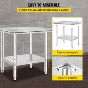stainless steel prep table, 24 x 30 x 31 inch, 700 lbs load capacity, heavy duty metal worktable with 3 adjustable height levels, commercial workstation for kitchen garage restaurant backyard