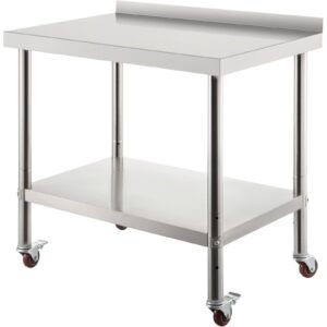 Stainless Steel Prep Table, 30 x 24 x 35 Inch, 440lbs Load Capacity Heavy Duty Metal Worktable with Backsplash Adjustable Undershelf & 4 Casters, Commercial Workstation for Kitchen Restaurant
