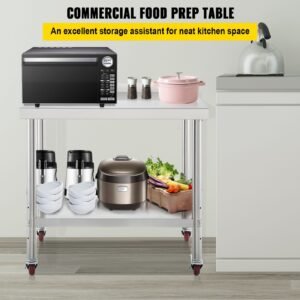 stainless steel prep table, 30 x 24 x 35 inch, 440lbs load capacity heavy duty metal worktable with backsplash adjustable undershelf & 4 casters, commercial workstation for kitchen restaurant