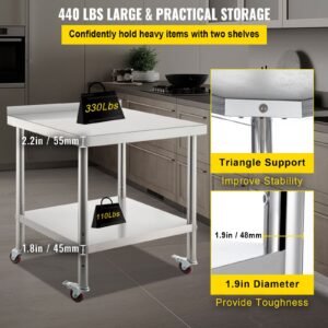 stainless steel prep table, 30 x 24 x 35 inch, 440lbs load capacity heavy duty metal worktable with backsplash adjustable undershelf & 4 casters, commercial workstation for kitchen restaurant