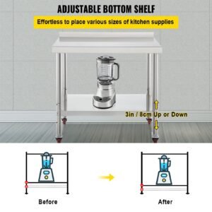 stainless steel prep table, 30 x 24 x 35 inch, 440lbs load capacity heavy duty metal worktable with backsplash adjustable undershelf & 4 casters, commercial workstation for kitchen restaurant