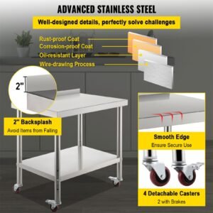 stainless steel prep table, 30 x 24 x 35 inch, 440lbs load capacity heavy duty metal worktable with backsplash adjustable undershelf & 4 casters, commercial workstation for kitchen restaurant