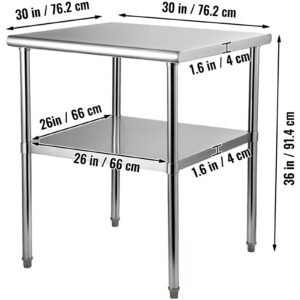 stainless steel prep table, 30 x 30 x 36 inch, 800lbs load capacity heavy duty metal worktable with adjustable undershelf & feet, commercial workstation for kitchen garage restaurant backyard