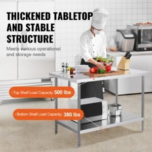 stainless steel prep table, 30 x 48 x 34 inch, 880 lbs load capacity, heavy duty metal worktable with 3 adjustable height levels, commercial workstation for kitchen garage restaurant backyard