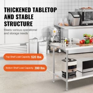 stainless steel prep table, 30 x 60 x 34 inch, 910 lbs load capacity, heavy duty metal worktable with 3 adjustable height levels, commercial workstation for kitchen garage restaurant backyard