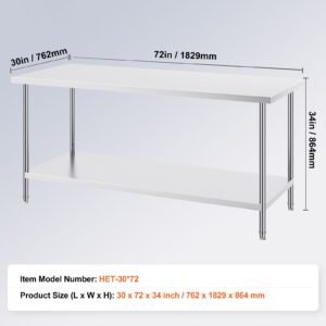 stainless steel prep table, 30 x 72 x 34 inch, 920 lbs load capacity, heavy duty metal worktable with 3 adjustable height levels, commercial workstation for kitchen garage restaurant backyard