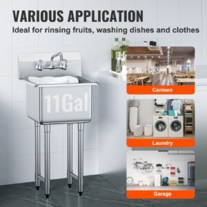 stainless steel prep & utility sink, 1 compartment free standing small sink include faucet & legs, 18"x41" commercial single bowl sinks for garage, restaurant, kitchen, laundry