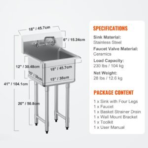 stainless steel prep & utility sink, 1 compartment free standing small sink include faucet & legs, 18"x41" commercial single bowl sinks for garage, restaurant, kitchen, laundry