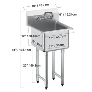 stainless steel prep & utility sink, 1 compartment free standing small sink include faucet & legs, 18"x41" commercial single bowl sinks for garage, restaurant, kitchen, laundry
