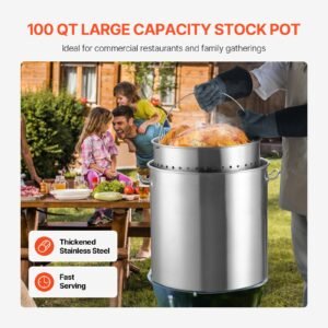stainless steel stockpot, 100 quart large cooking pots, cookware sauce pot with basket, lid, and handle, heavy duty commercial grade stock pot, sanding treatment, for large groups events silver