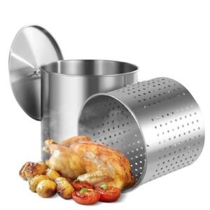 Stainless Steel Stockpot, 100 Quart Large Cooking Pots, Cookware Sauce Pot with Basket, Lid, and Handle, Heavy Duty Commercial Grade Stock Pot, Sanding Treatment, for Large Groups Events Silver
