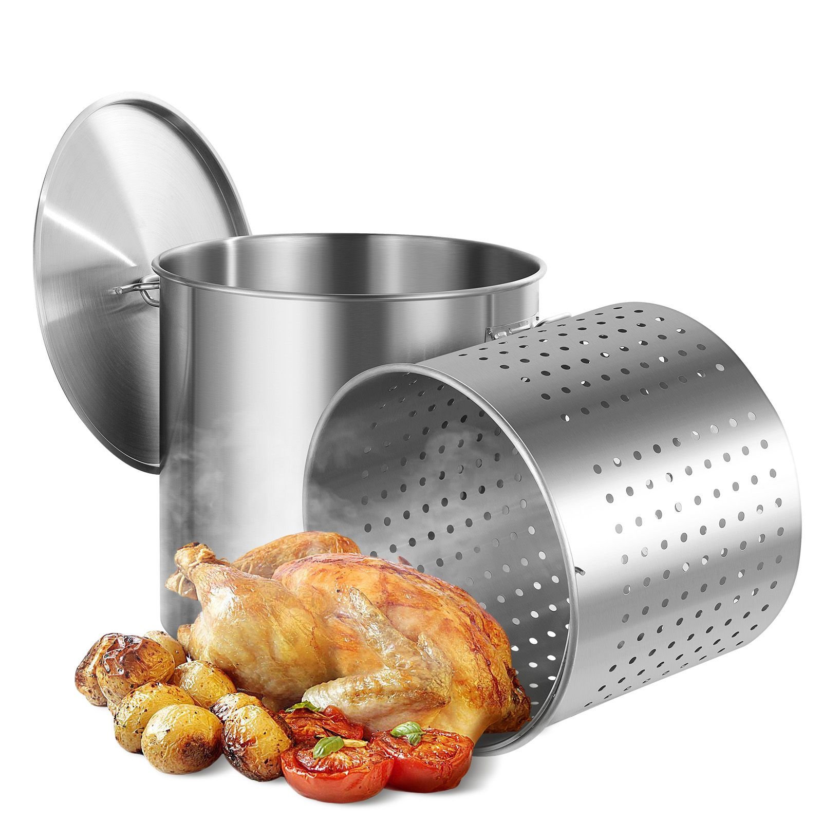 stainless steel stockpot, 100 quart large cooking pots, cookware sauce pot with basket, lid, and handle, heavy duty commercial grade stock pot, sanding treatment, for large groups events silver